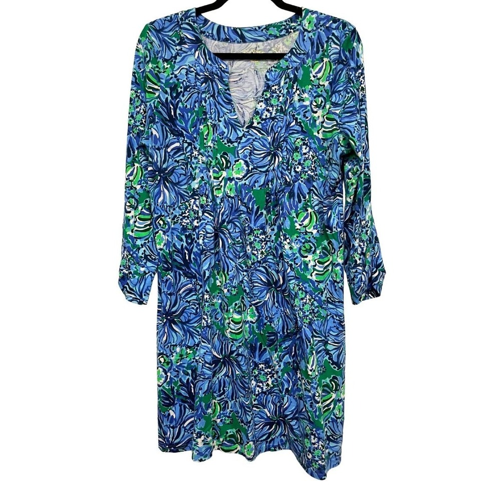 Lilly Pulitzer Cotton Women's Fairfax In Turtle Awe Green Blue Large 3/4 Sleeve